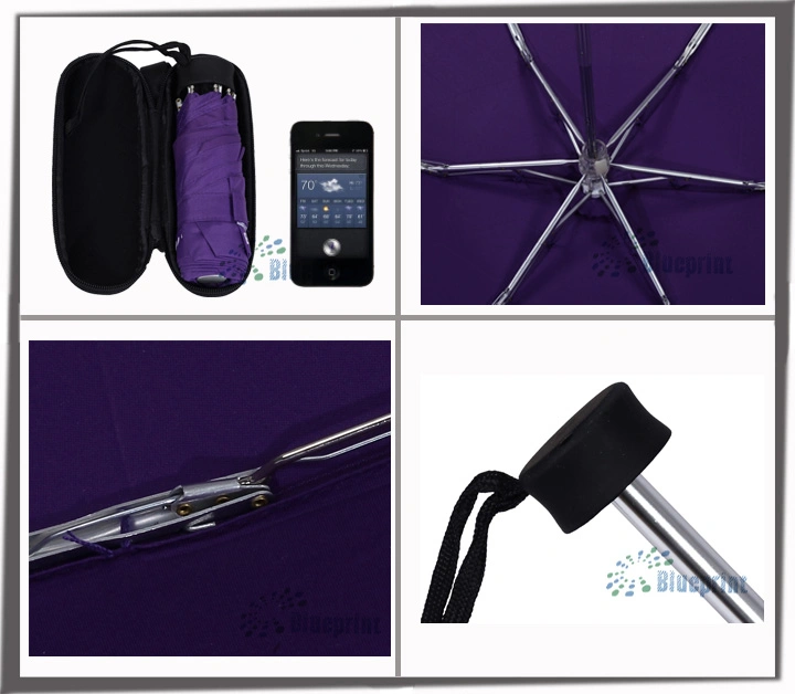 Small Five Flat Aluminum Folding Umbrella for Rain with Case